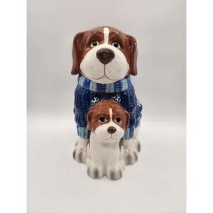 Ceramic Dog and Puppy Cookie Jar Blue Snowflake Sweater Holiday Kitchen Decor
